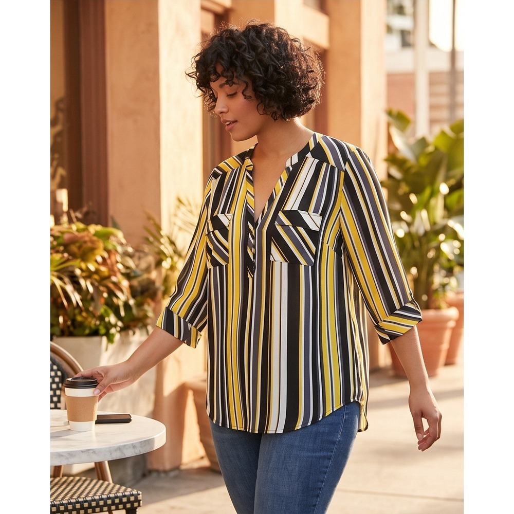 Torrid Harper 00 Pullover Blouse Yellow Black White Striped‎ VNeck Georgette Top